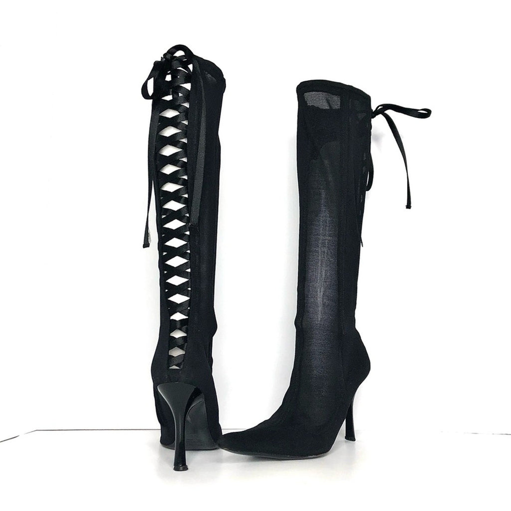 Vintage Giuseppe Zanotti Corset Mesh Knee High Pointed Toe Boots 36