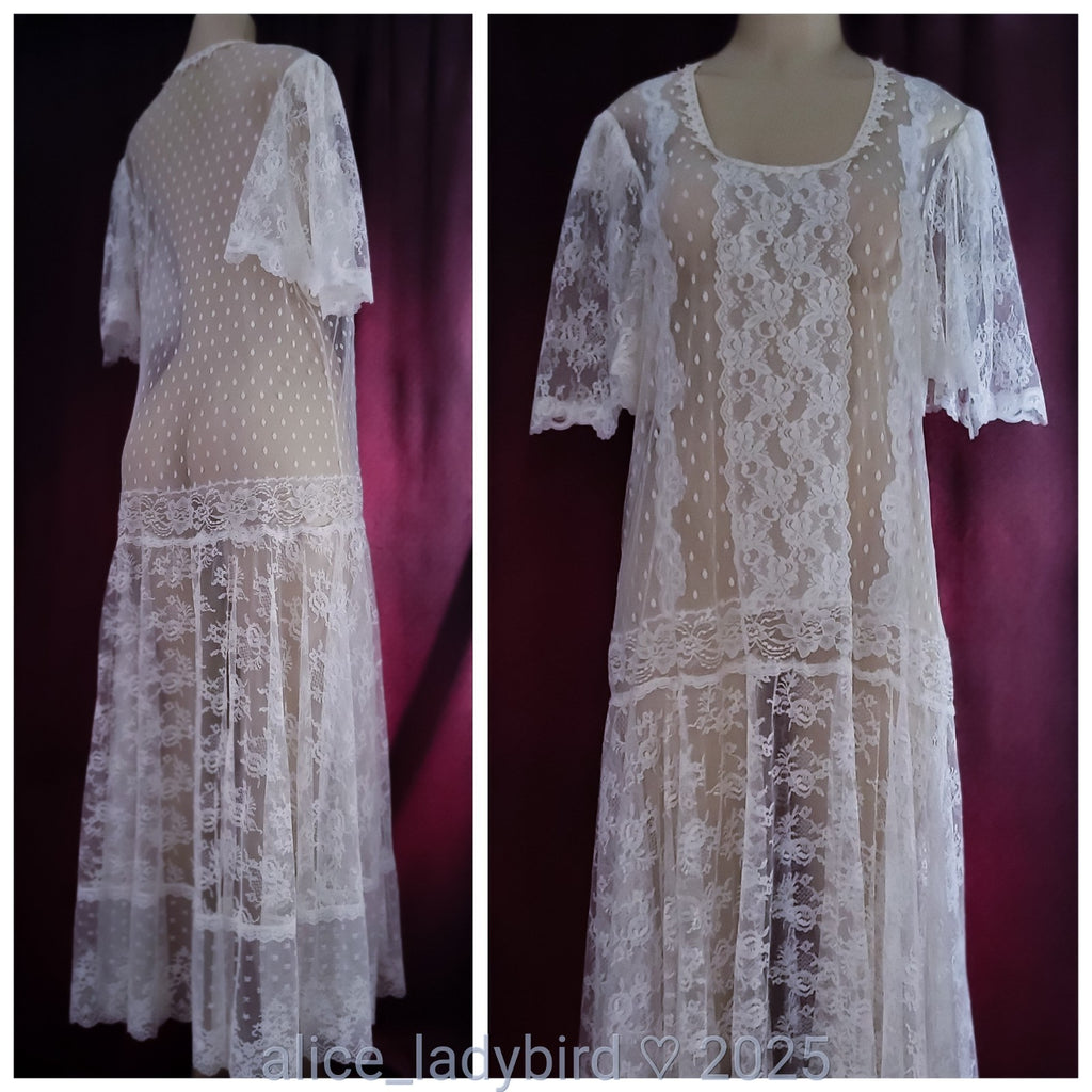 Vintage CHANTILLY Lace DRESS Drop Waist SHEER Lingerie Gown Victorian Bride ~L