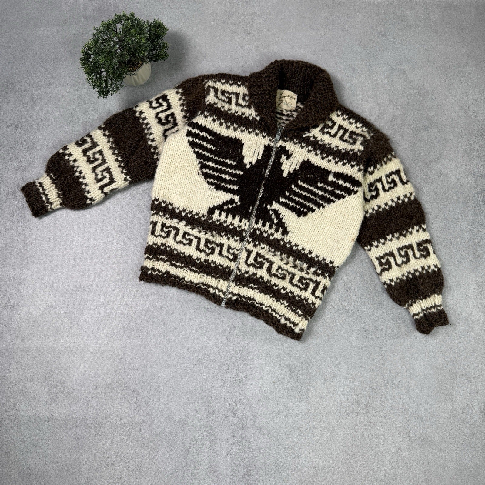 Vintage Couchan Indian Hand knit Wool Sweater Zip Eagle  Size M
