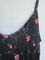Betsey Johnson Silk Slip Dress Babydoll Black With Pink Roses Beaded Y2K Rare
