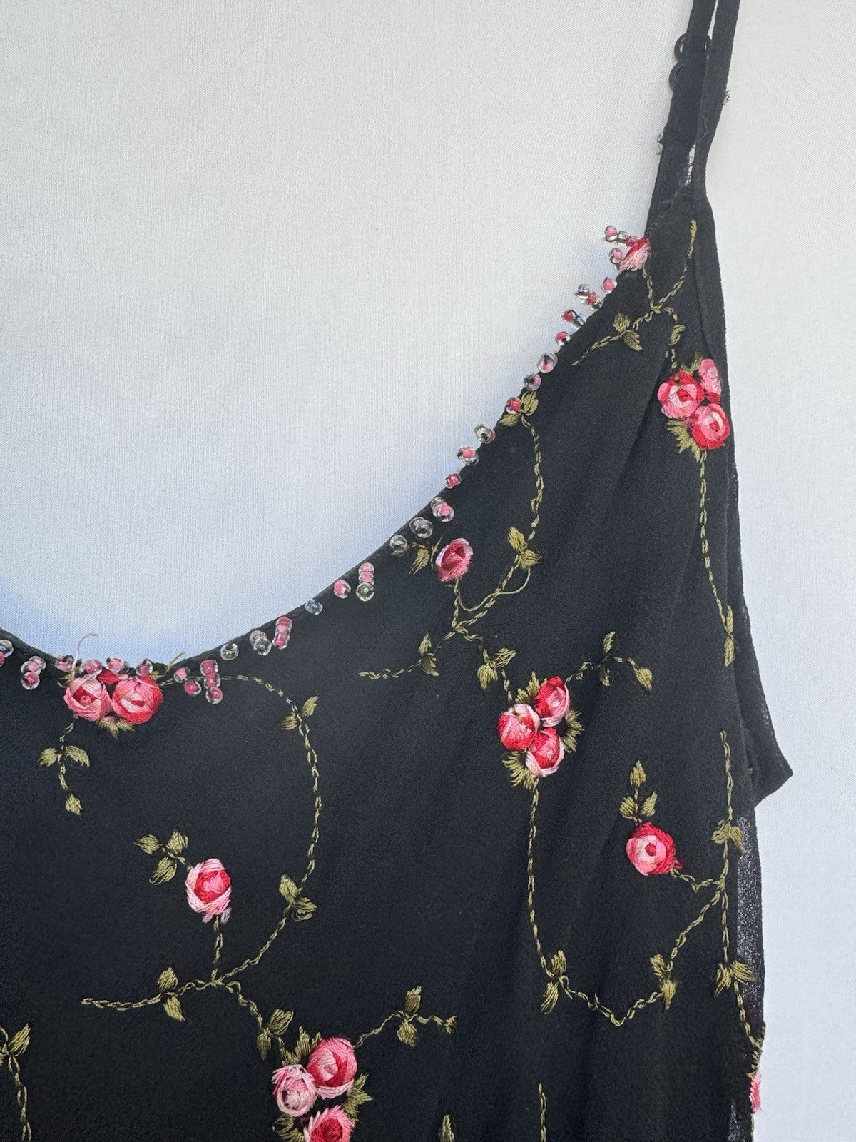 Betsey Johnson Silk Slip Dress Babydoll Black With Pink Roses Beaded Y2K Rare
