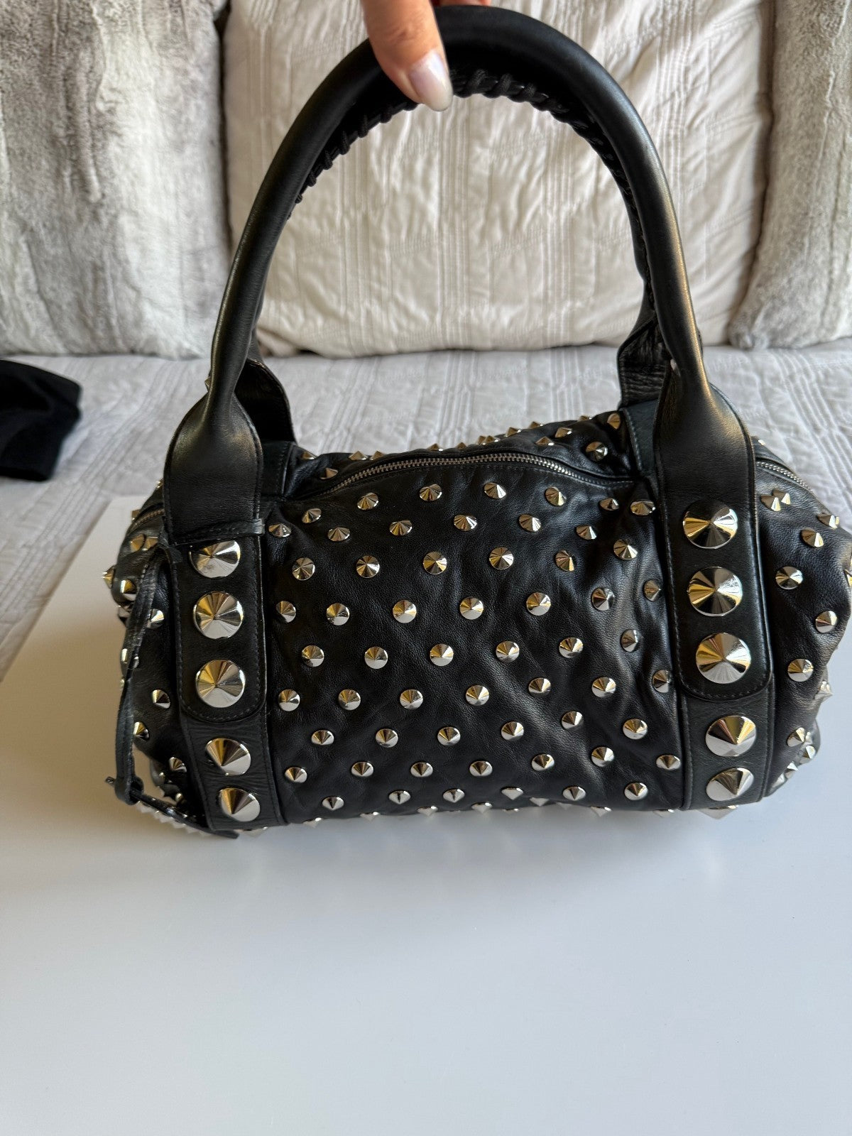 BE&D The Garbo Black Lambskin Leather Studded Bell-Shaped Satchel