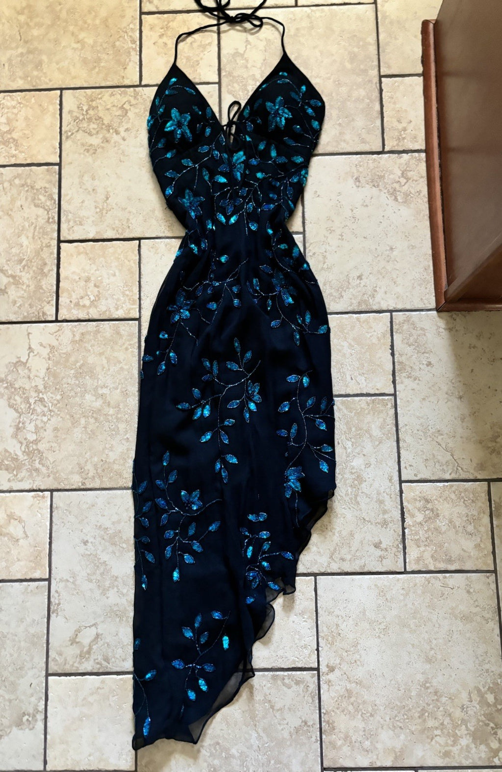 Vintage Cache Silk Floral Blue Beaded Dress