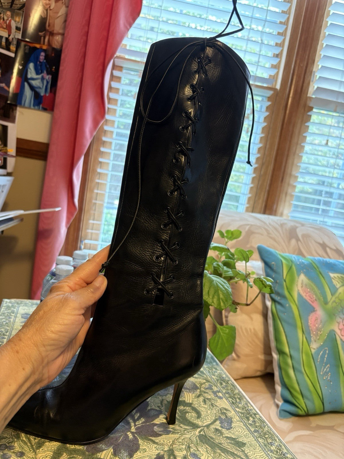 Manolo Blahnik Black Leather Knee High Pointed Toe Stiletto Boots US 6
