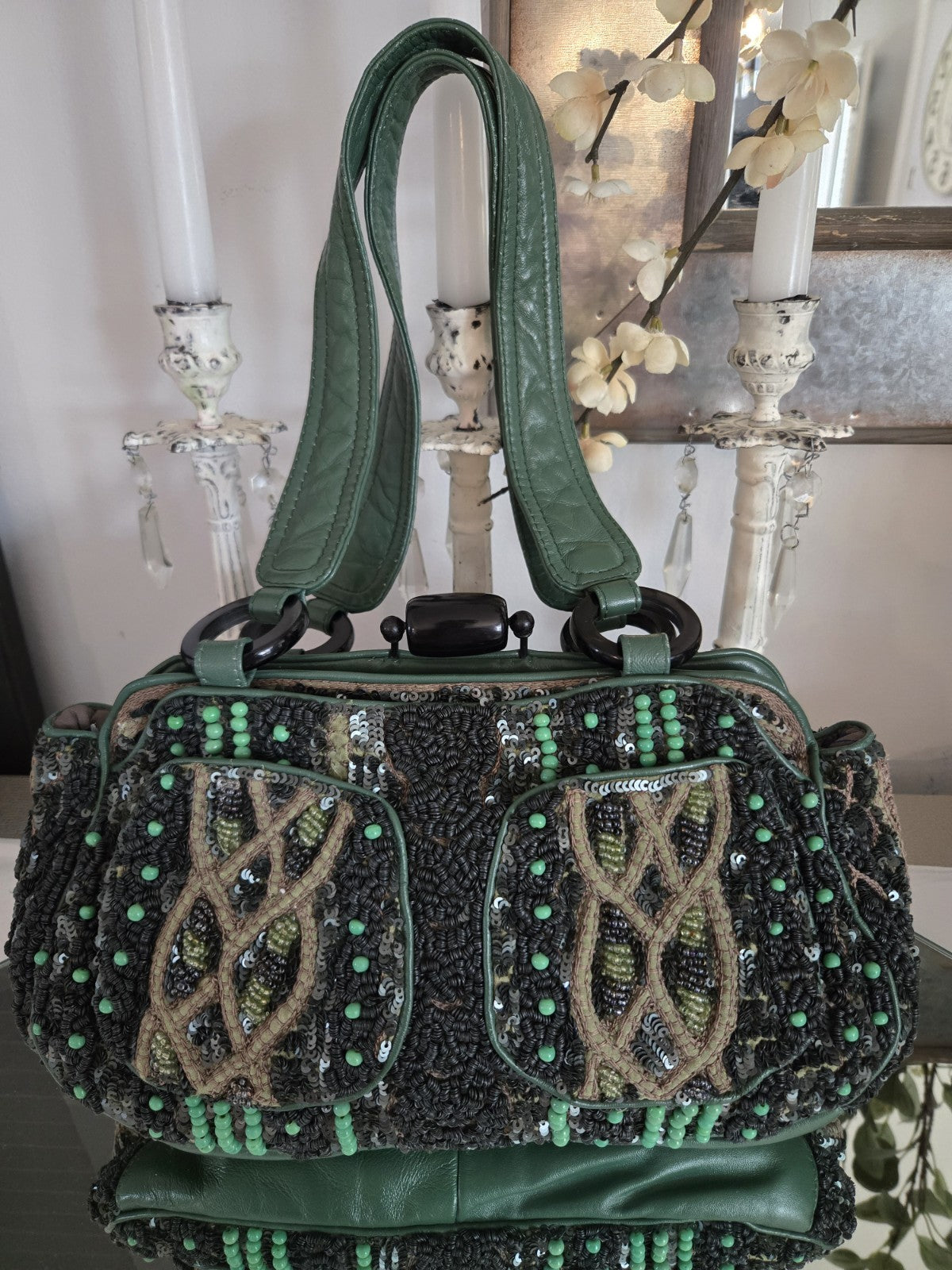 Jamin Puech Paris Beaded Sequin Leather Shoulder Bag Green