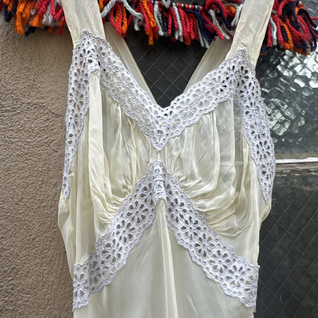 Vintage 1930s Pale Yellow Buttercup Dress Lace Bias Cut Art Deco Slip Gown Maxi