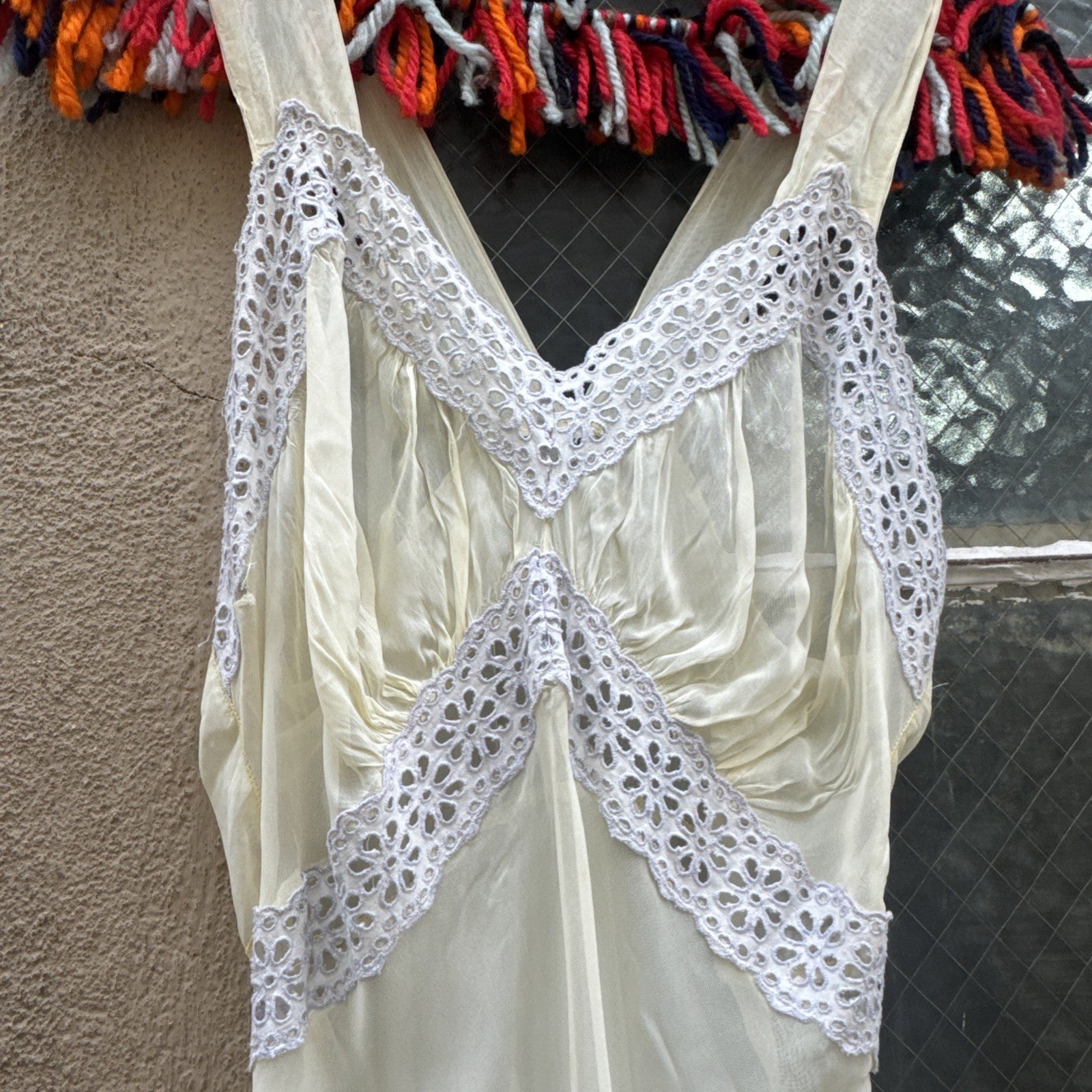 Vintage 1930s Pale Yellow Buttercup Dress Lace Bias Cut Art Deco Slip Gown Maxi