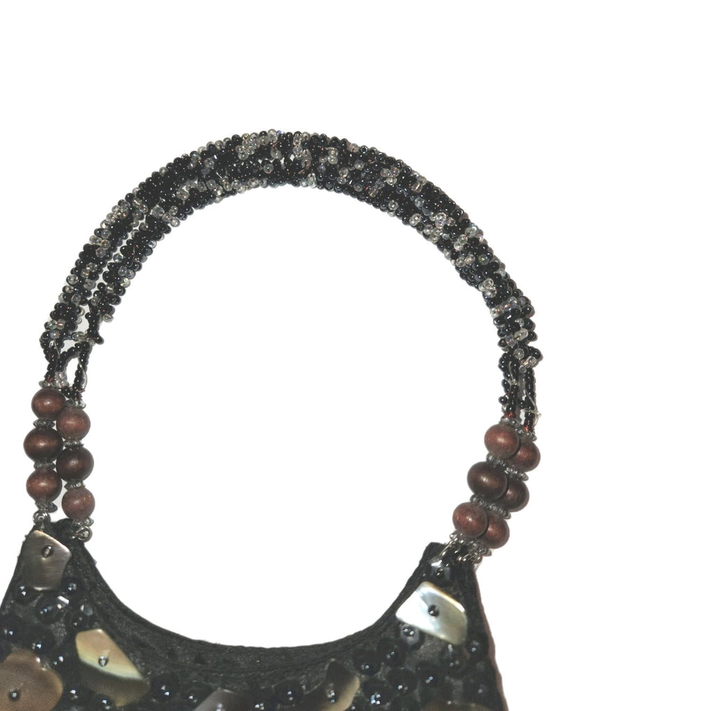 Vintage Black Satin Handbag With mother-of-pearl Shell Fringe & Beads Small 6X7"