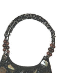 Vintage Black Satin Handbag With mother-of-pearl Shell Fringe & Beads Small 6X7"