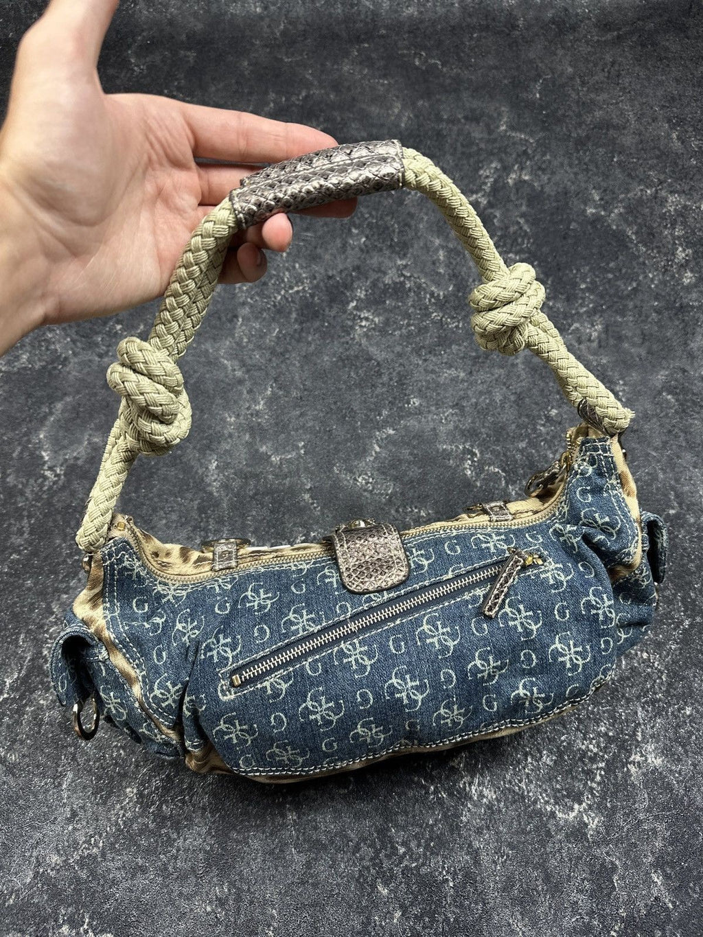 NEW Vintage Y2K Guess Leopard Pattern Denim Baguette Mini Handle Bag Women's