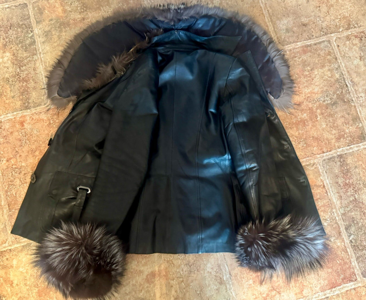 Italian Lamb Skin Leather Jacket with Removable Rabbit Insulation and Silver Fox Trim