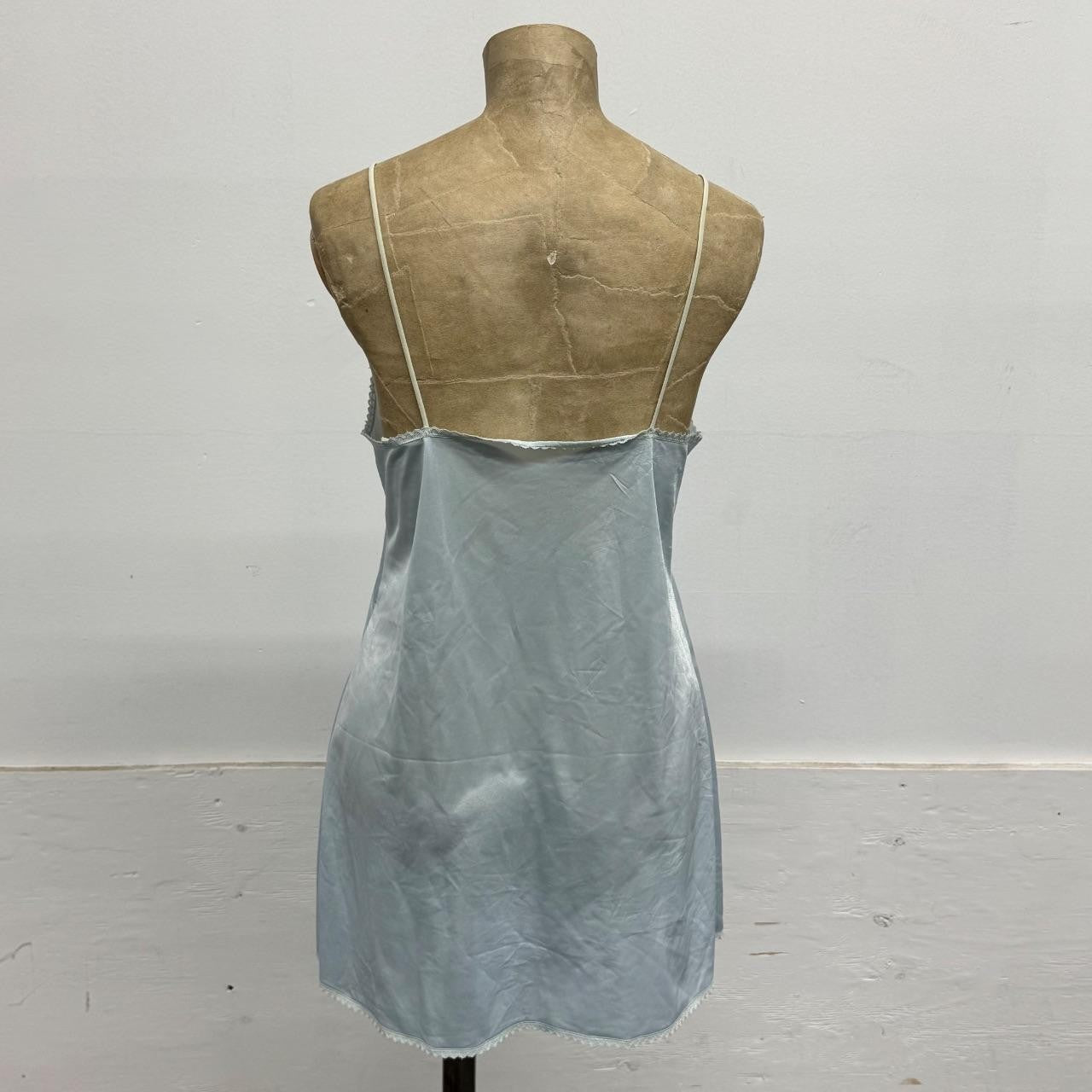 Vintage Japanese Baby Blue Satin Floral Lace Mini Slip Dress