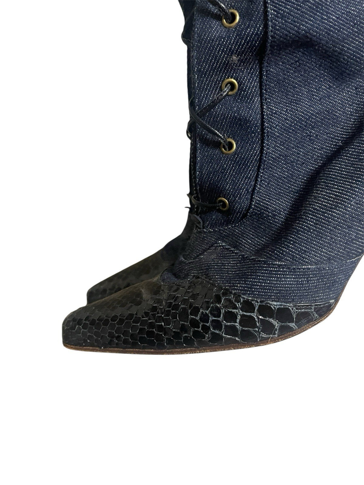 Dior Vintage Y2K Denim & Snakeskin Leather Lace Up Knee High Point Toe Boots
