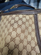 Gucci Brown Beige GG Logo Shoulder Bag Tassel Bamboo Silver Hardware Zip