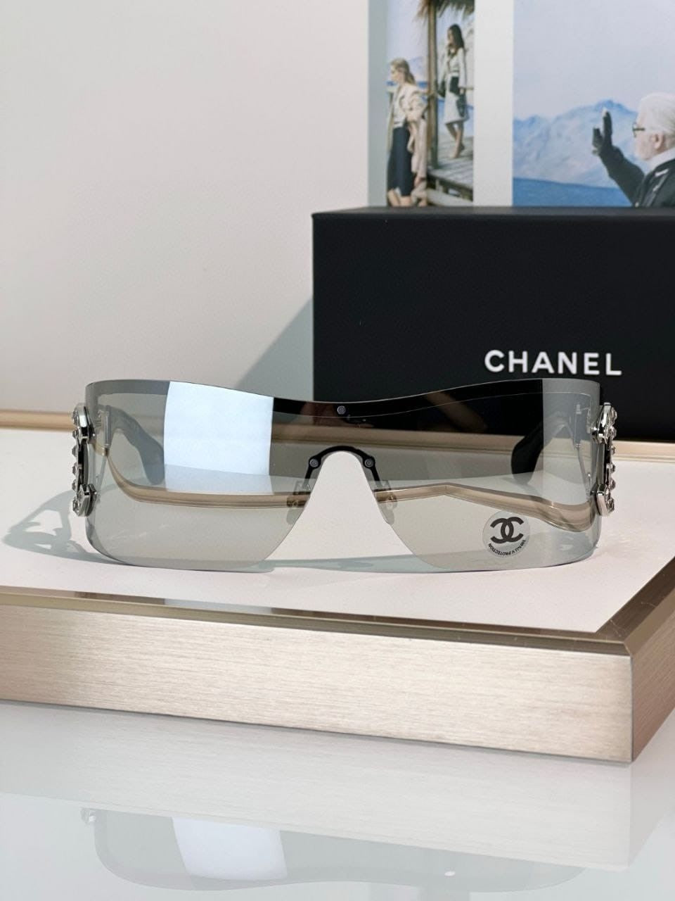 CHANEL Shield Sunglasses Gray Visor 5468 Authentic Logo CC Unisex