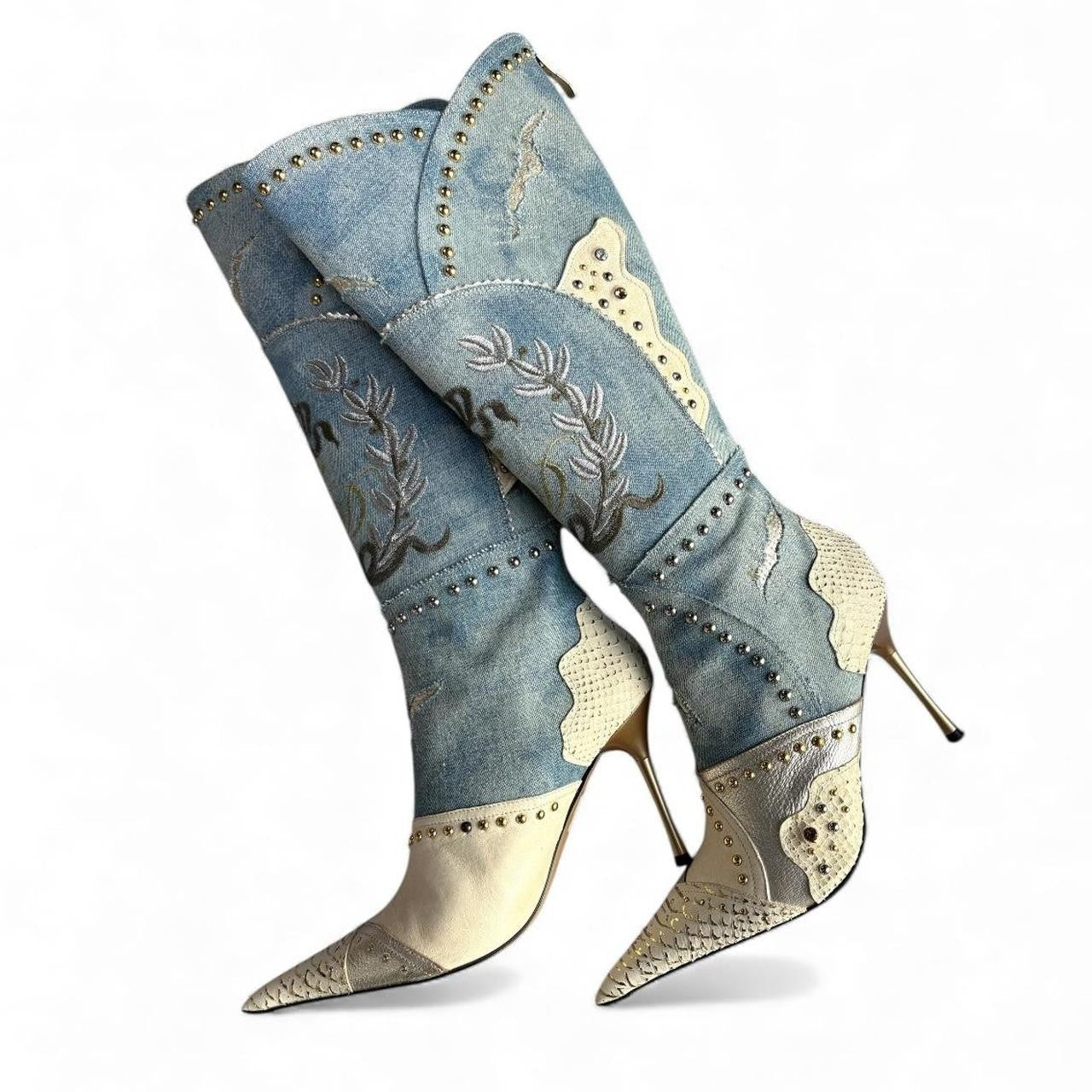 EL DANTES Pointy Blue DenimStiletto Boots RARE Sz 39 / 8 Y2K Vintage