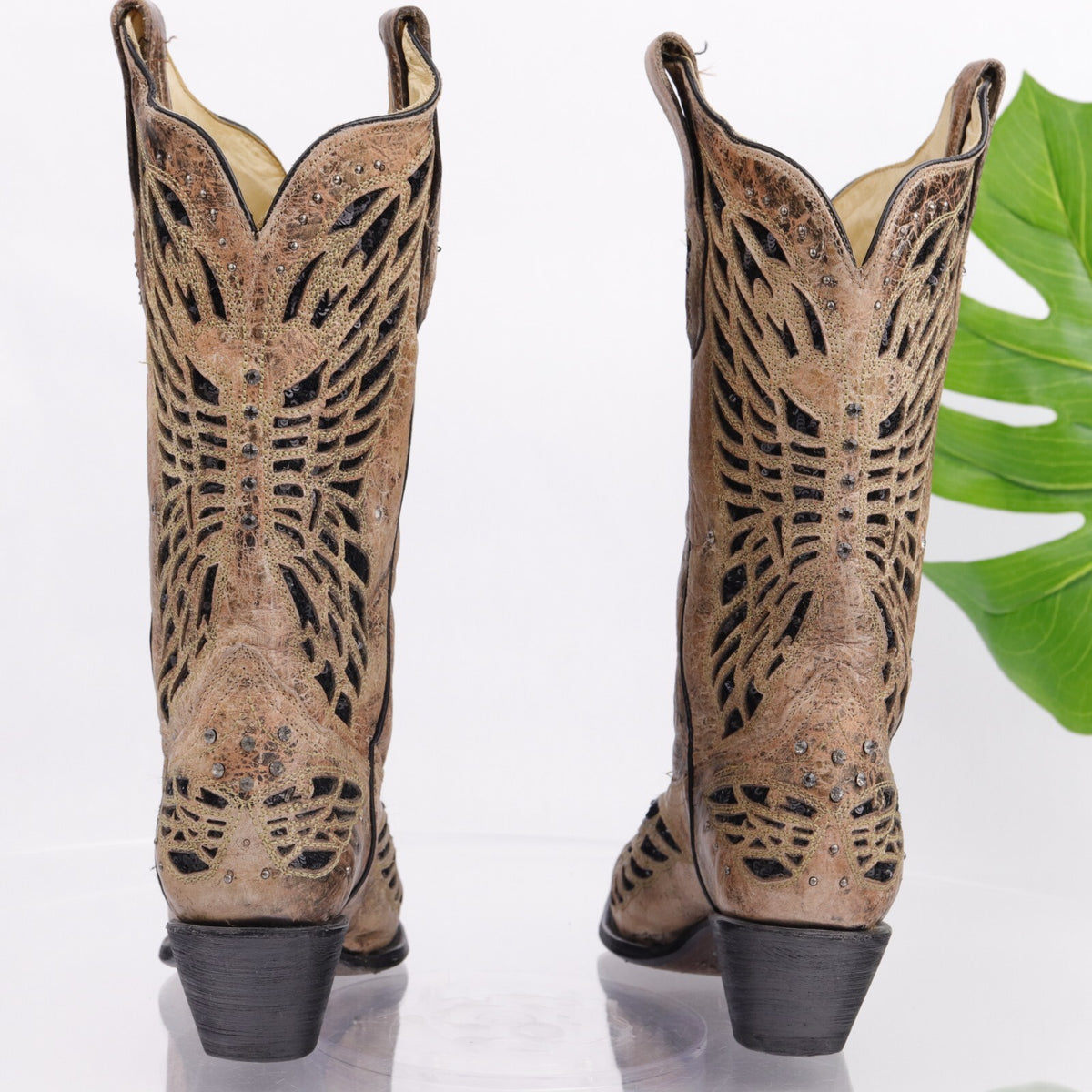 Corral Women's Cowboy Boot Size 8 Sequins Butterfly Distressed Brown Leather