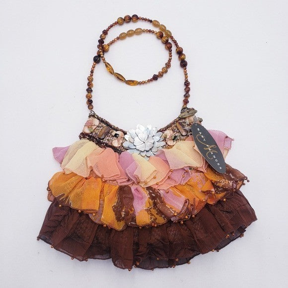 Mary Frances Beaded Tulle Ruffle Wicker Shoulder Bag Mother of Pearl Earthtones