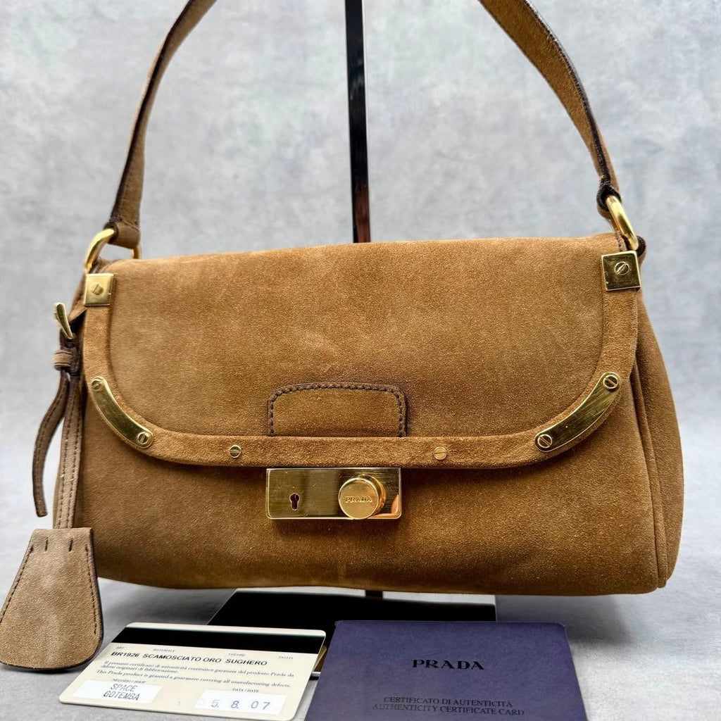 PRADA Y2K Shoulder Hand Hobo Bag Brown Suede Leather Women's Authentic Used