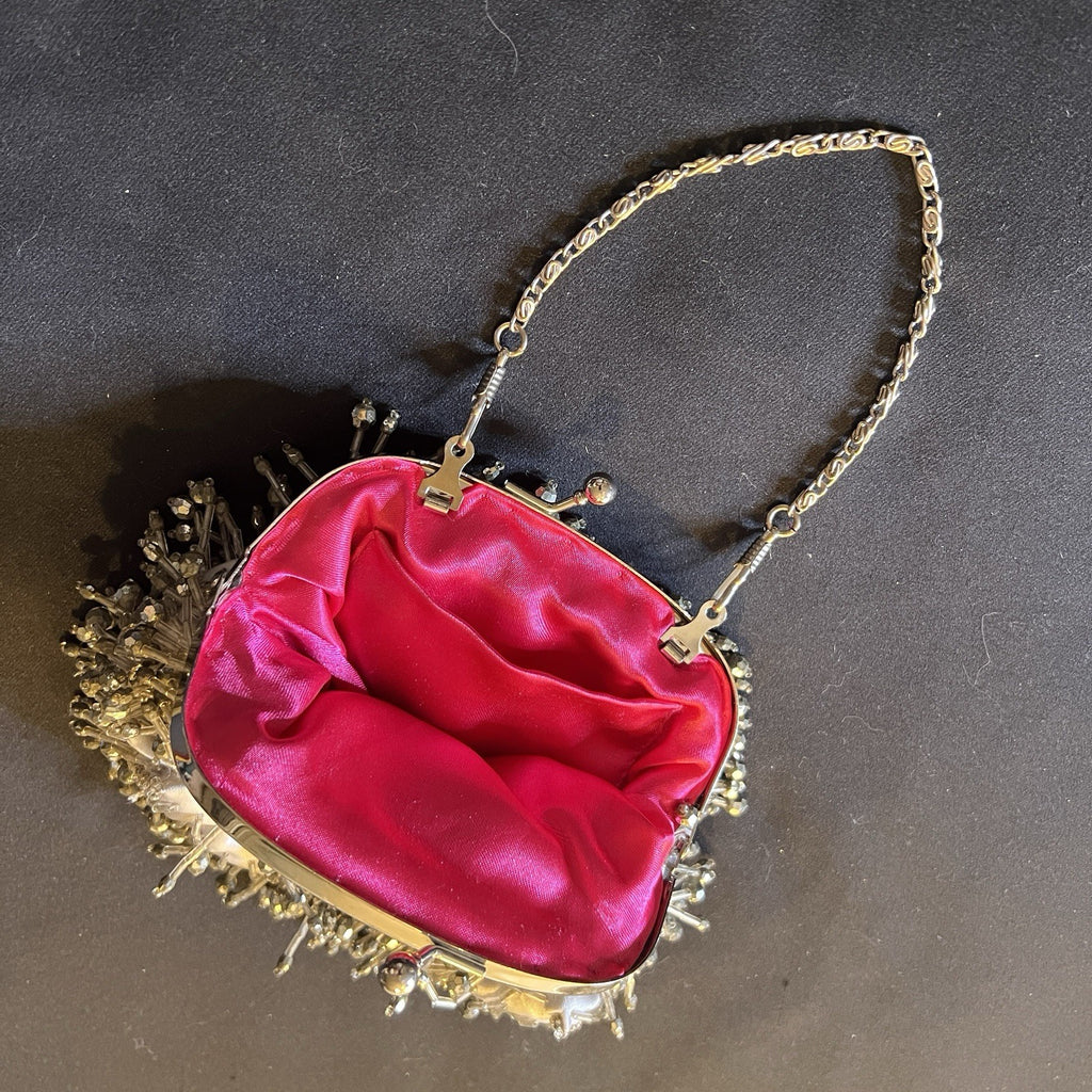 Vintage Silver Beaded Shoulder Bag Chain Strap Kiss Lock Evening Purse Clutch