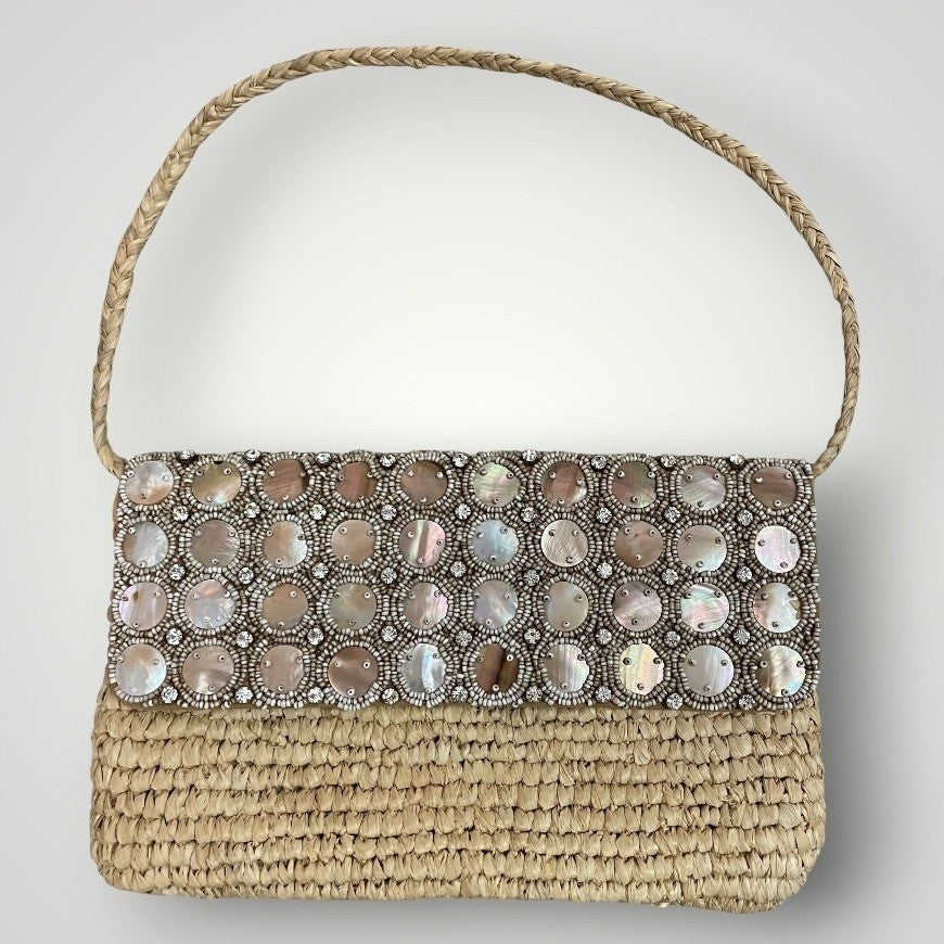 Tommy Bahama Feeling Beachy Straw Shoulder Bag Shell Beaded Mother of Pearl Boho