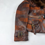 Vintage Brown Plaid Leather Jacket with Fur Collar