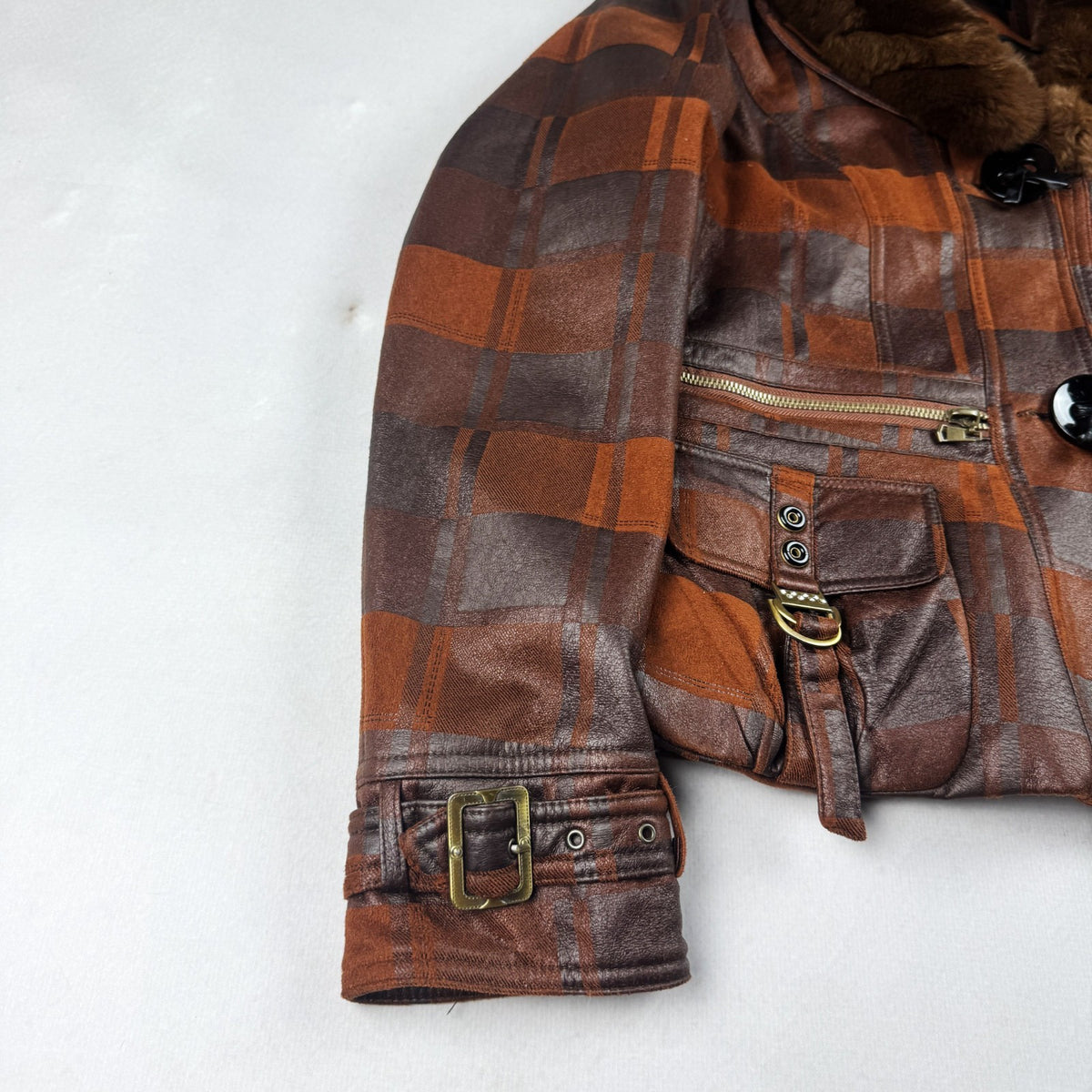 Vintage Brown Plaid Leather Jacket with Fur Collar