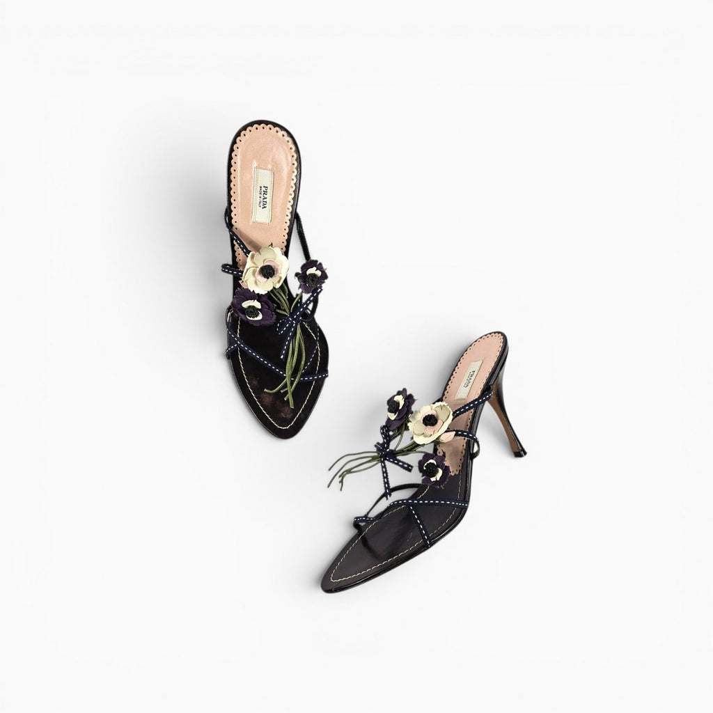 Vintage Prada Leather Flower Mule Heels