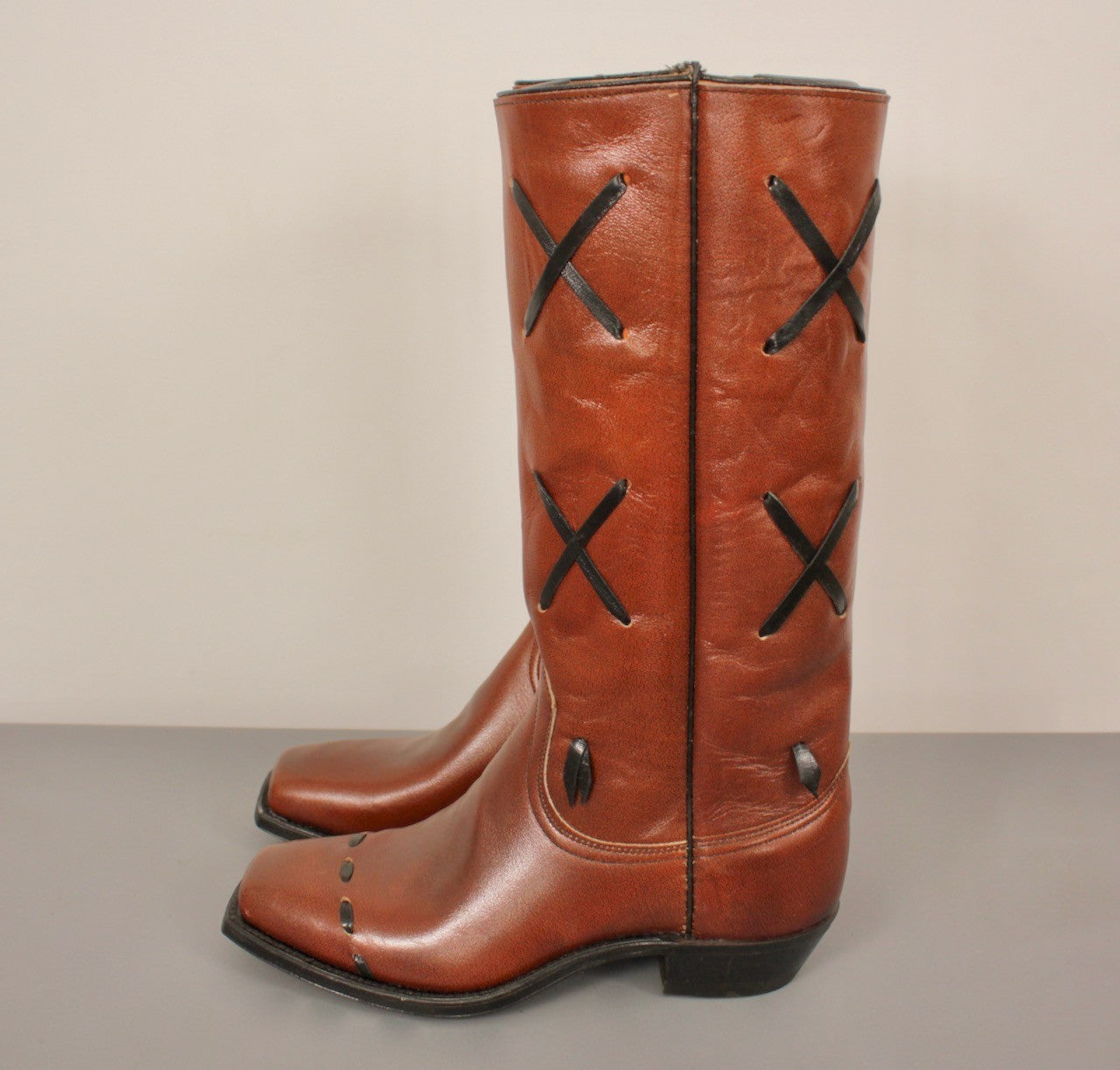 Men's VTG NOS Brown Leather Square Toe Cowboy Boots Sz 8 D 1970s
