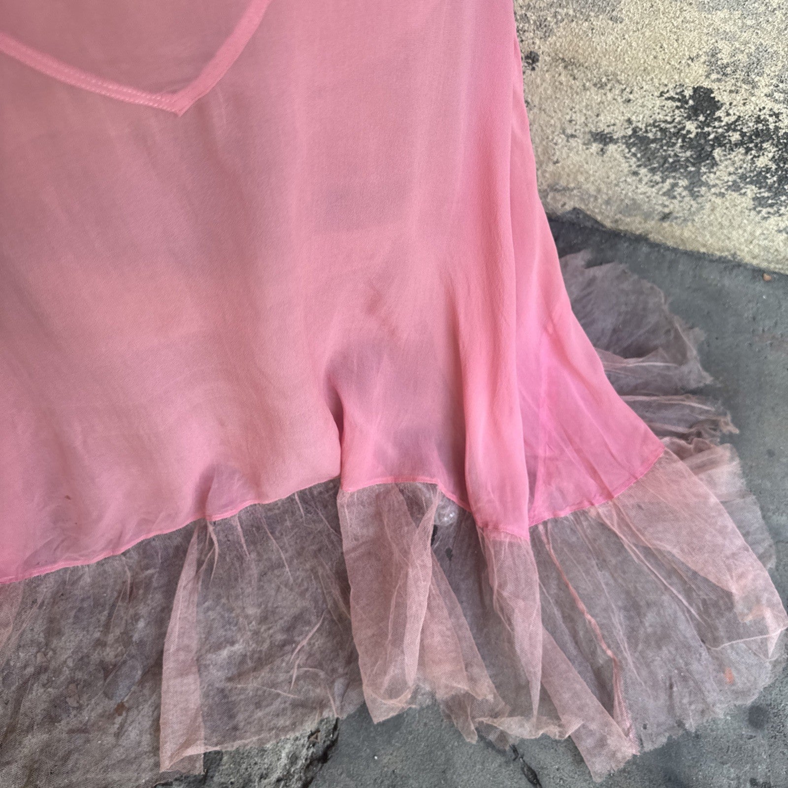Vintage Late 1920s Early 1930s Bubblegum Pink Silk Chiffon Dress Sheer Ruffle
