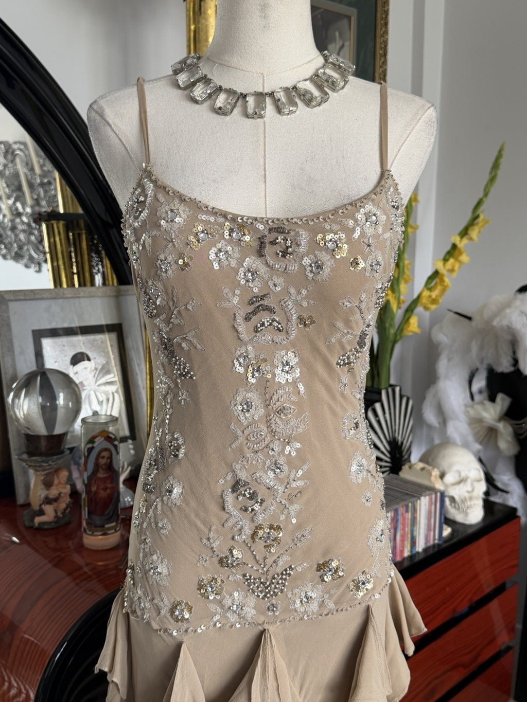 Sue Wong Champagne Silk Hand Beaded Cocktail Dress Size 4