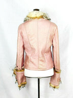 Leather Light Pink Shearling Jacket with Gold Tone Trim Size 42