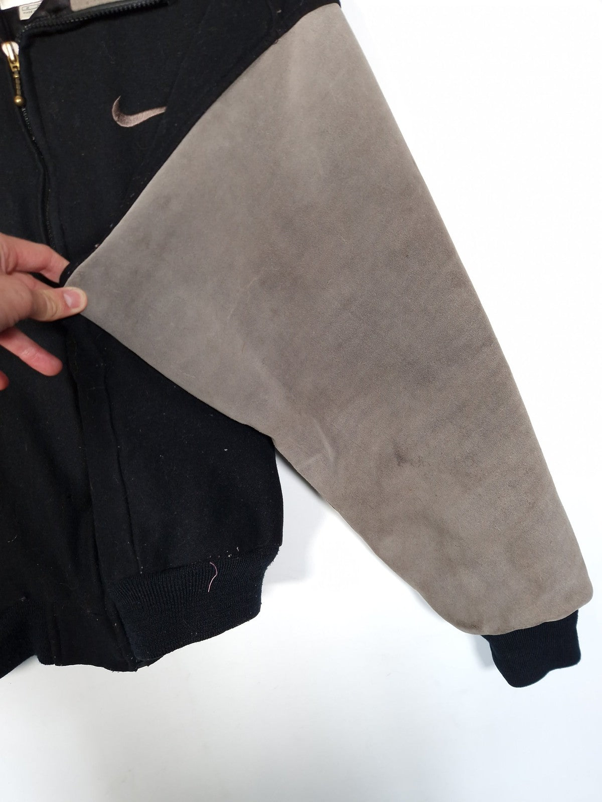 90's Nike Varsity Jacket Size Medium Oversized Black Grey Leather Wool Bomber