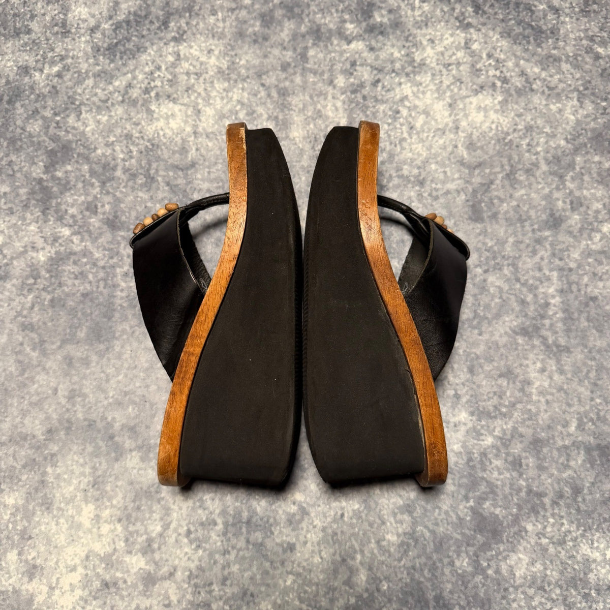 Bongo Wooden Platform Wedge Sandals Black Leather Beaded Brazil Size 8