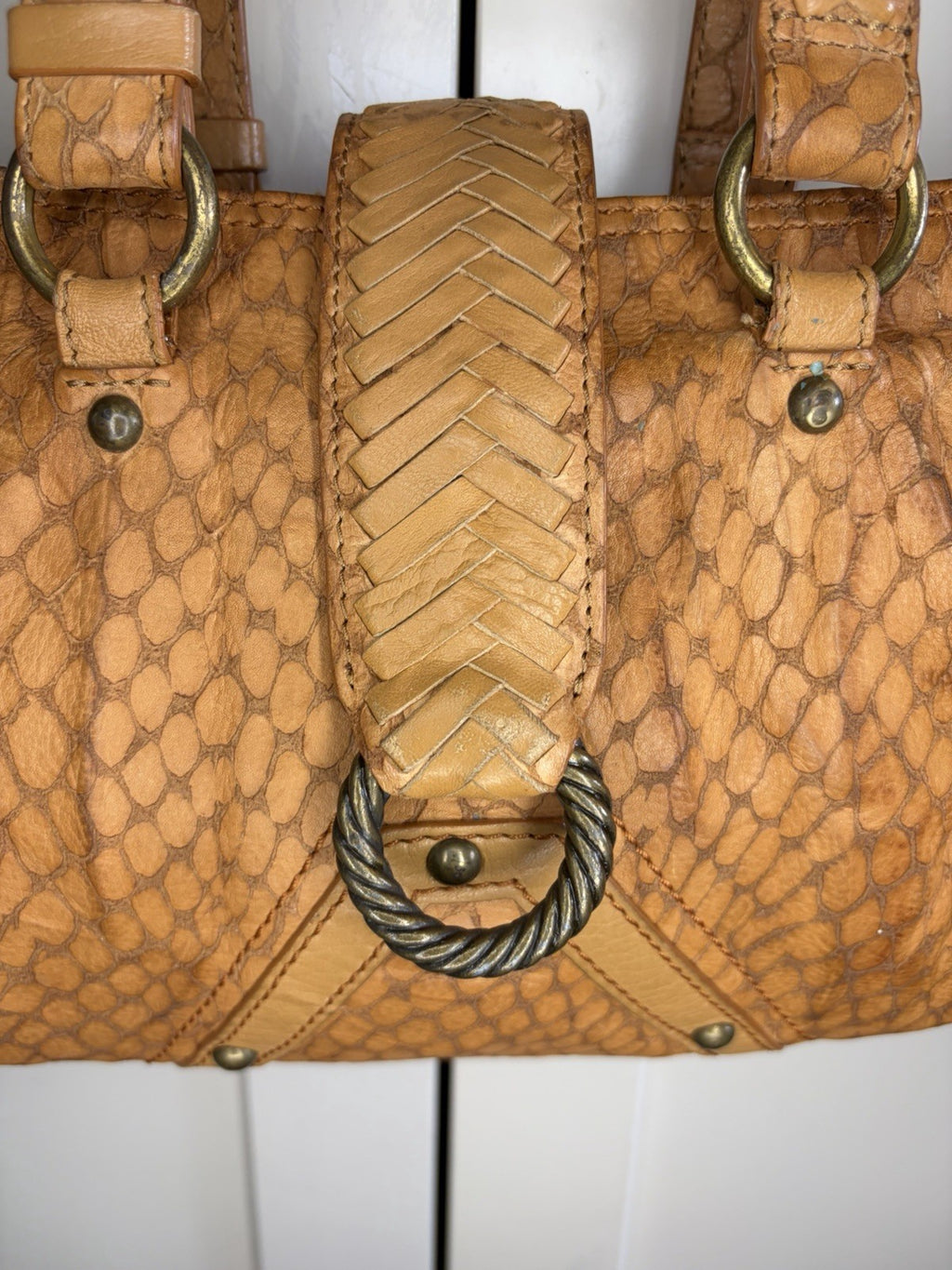 Babeed Brown Leather Snake Print Shoulder Bag