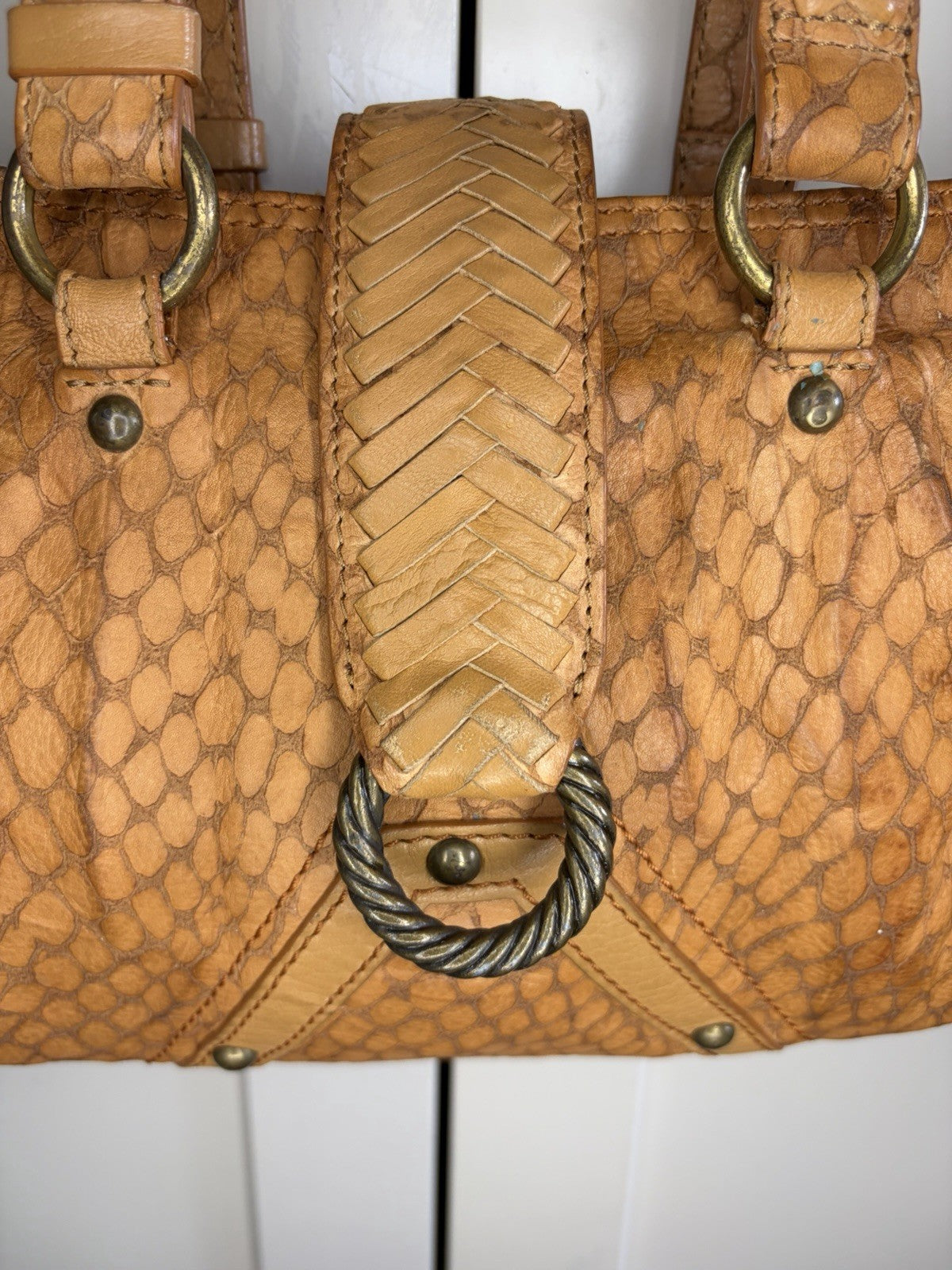 Babeed Brown Leather Snake Print Shoulder Bag