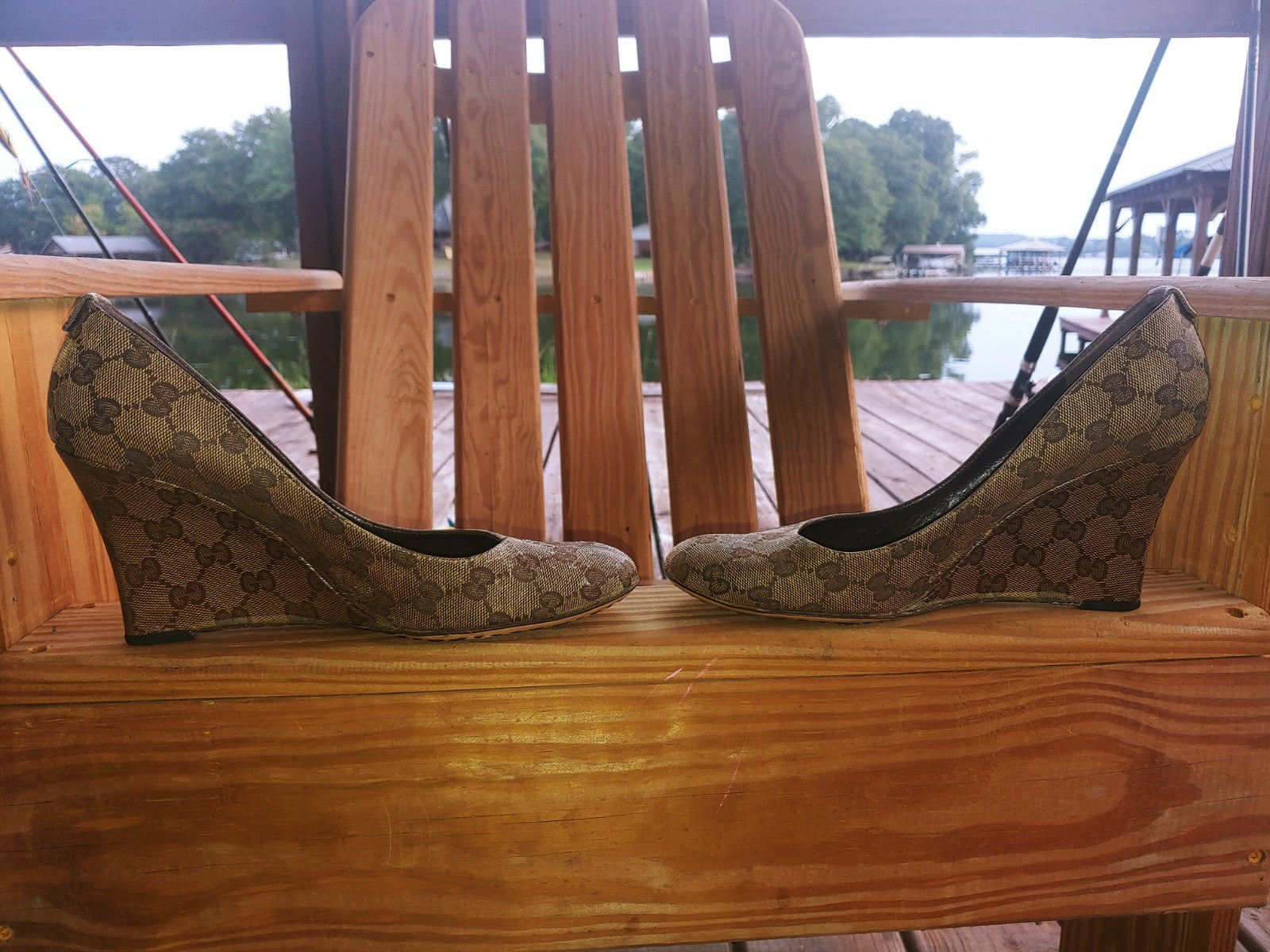 Gucci Beige and Brown GG Canvas Slip On Wedge Heels Size 10