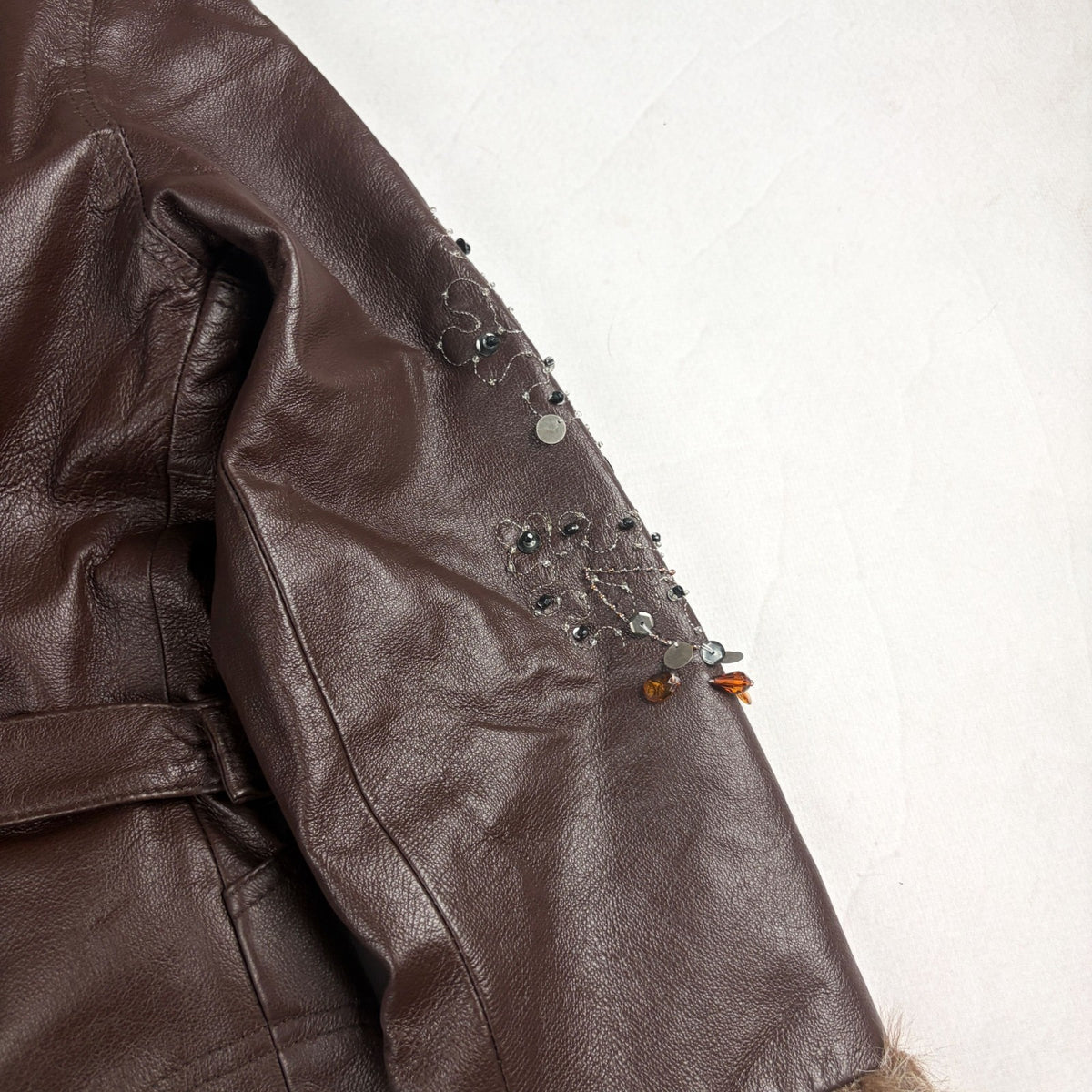 Together Vintage Leather Jacket Small Brown with Fur Trim