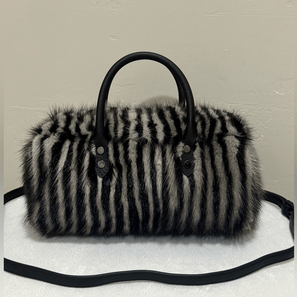 Genuine Mink Fur Pillow Bag with Top Handles and Crossbody Strap