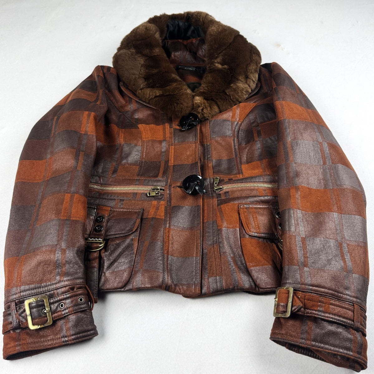 Vintage Brown Plaid Leather Jacket with Fur Collar