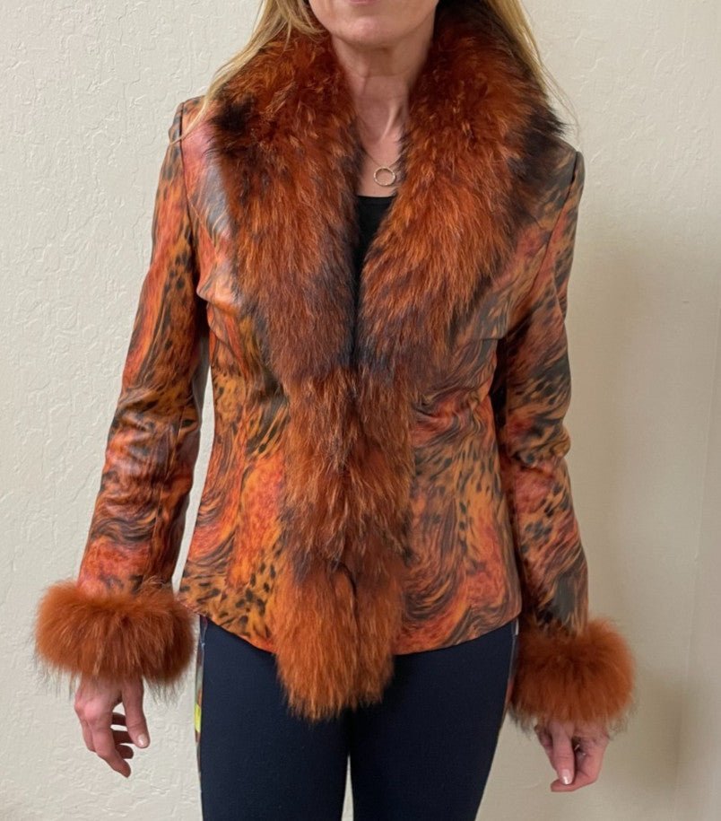 Paolo Santini Leather, real fox tream jacket women size 8