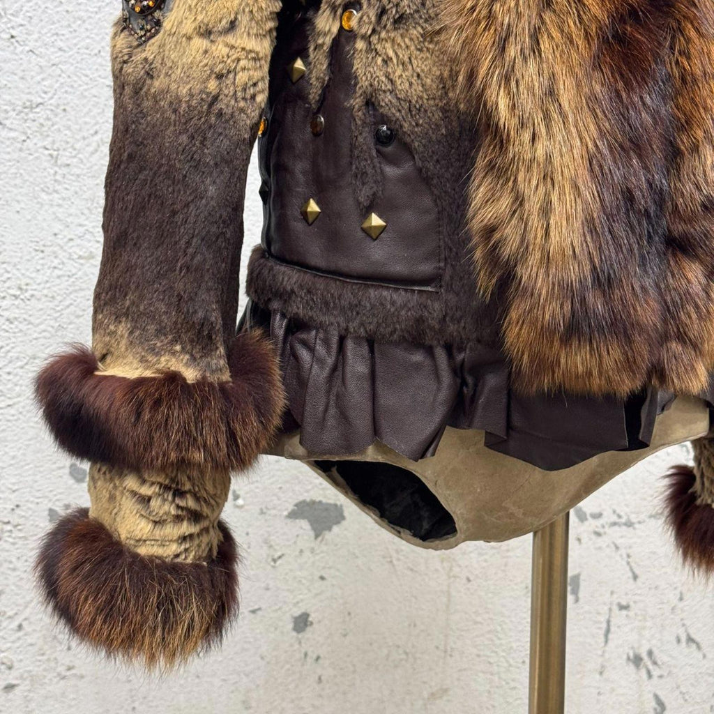 Vintage Brown Y2K Mixed-Media Embellished Real Fur & Leather Jacket