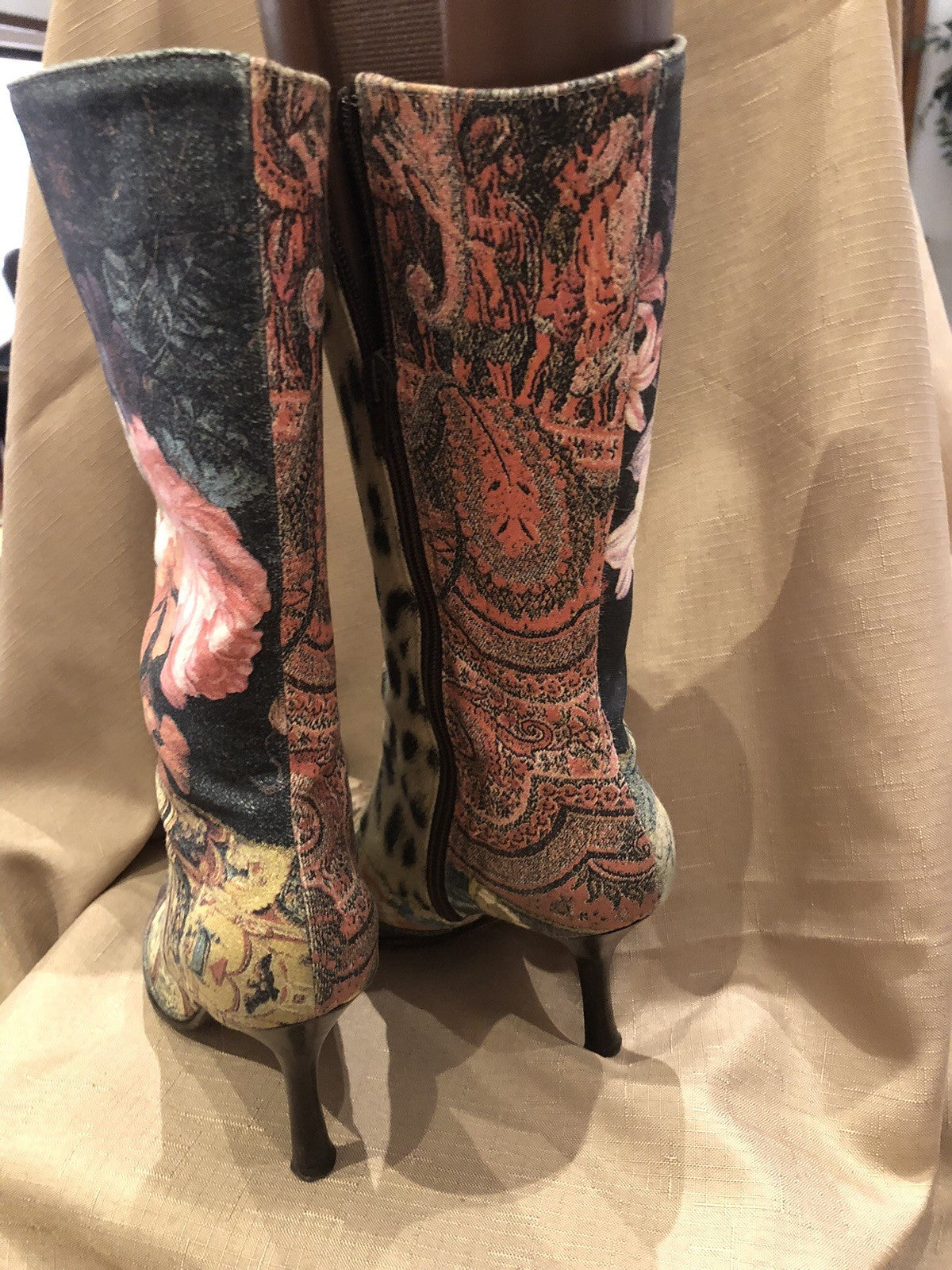 VINTAGE ROBERTO CAVALLI BOOTS PATCHWORK- STILETTO HEEL 71/2 Excellent Condition!