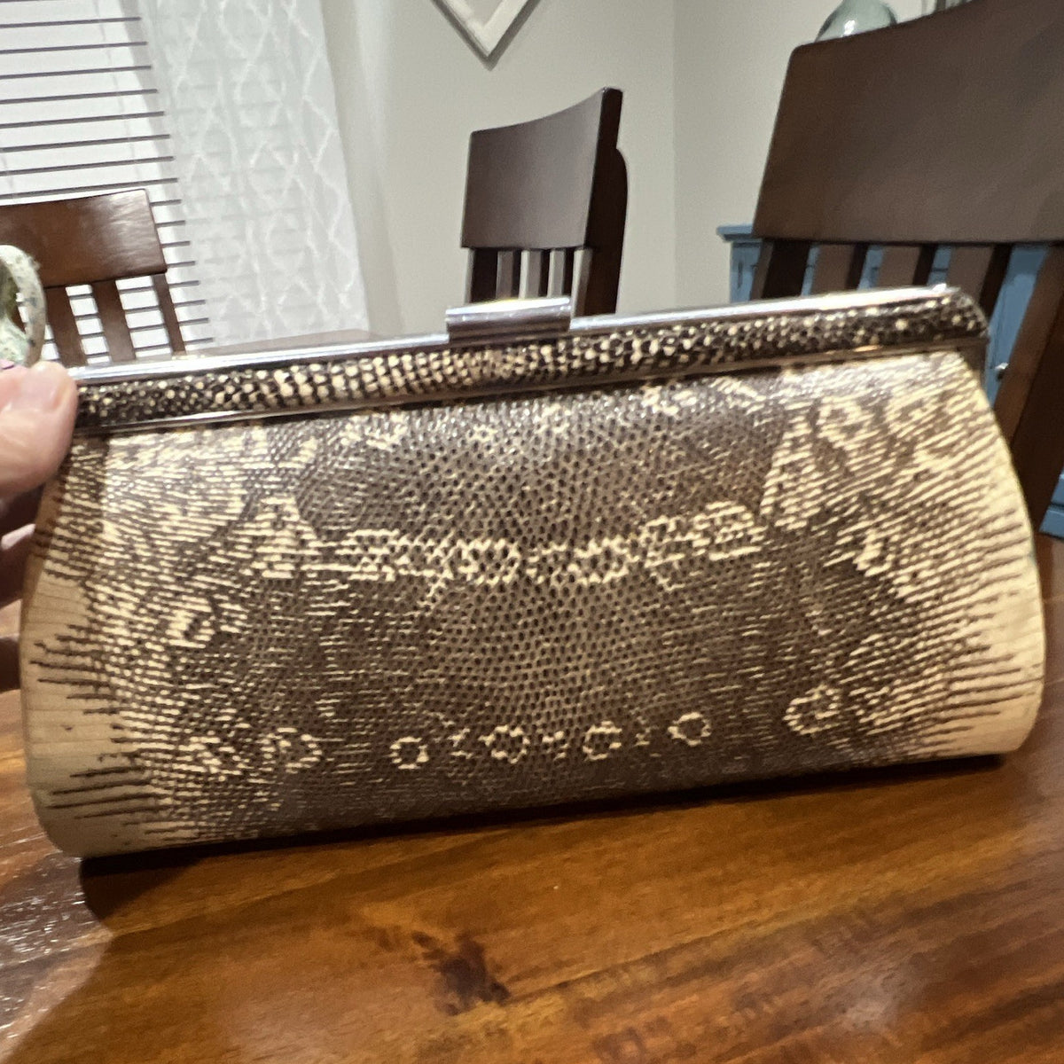 Vintage 1950s Monitor Lizard Skin Clutch Bag with Silver Frame