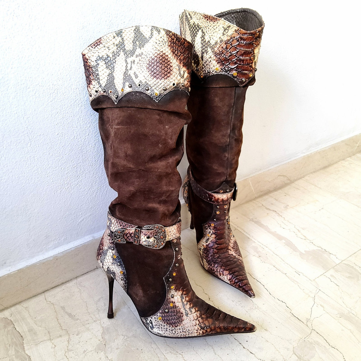 El Dantes Y2K Embellished Belted Slouchy Suede Snakeskin Pointy Shoe
