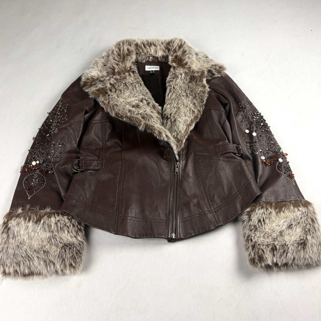 Together Real Leather Jacket Small Brown with Fur Trim