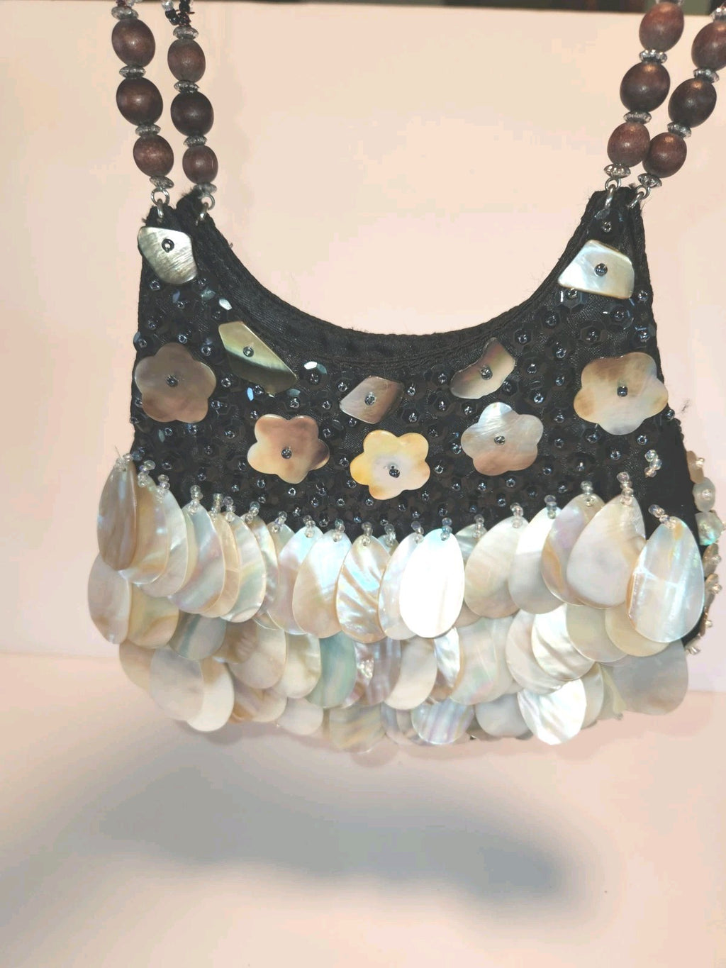Vintage Black Satin Handbag With mother-of-pearl Shell Fringe & Beads Small 6X7"