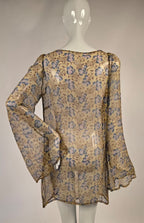 1920s Floral Print Silk Chiffon Blouse with Long Bell Sleeves