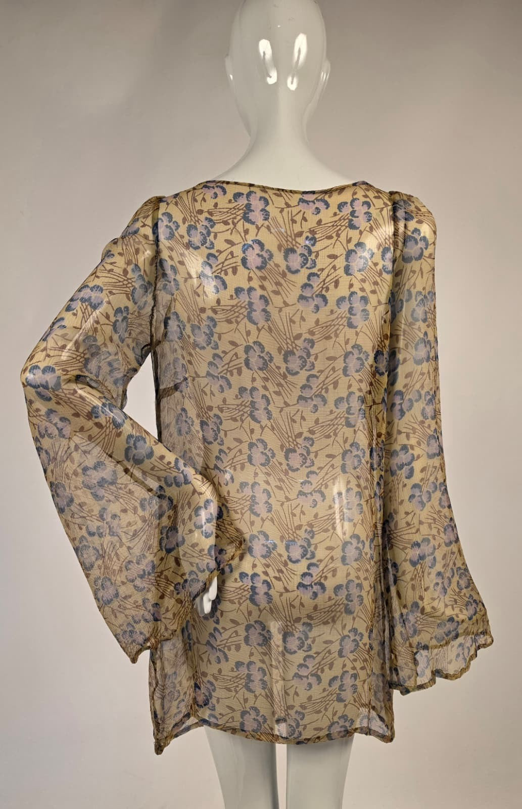 1920s Floral Print Silk Chiffon Blouse with Long Bell Sleeves