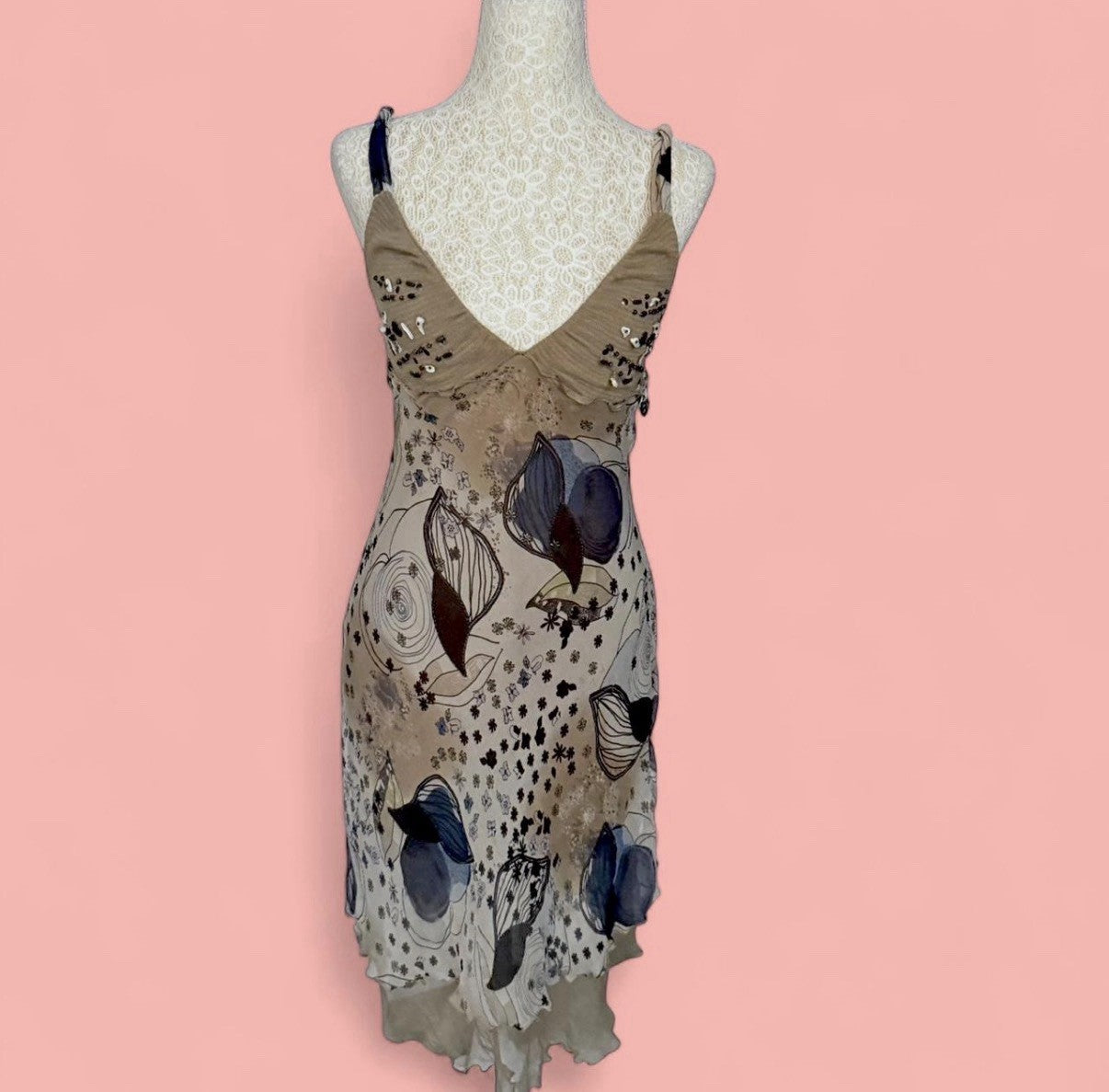 Passion Abstract Print Beaded Silk Dress 2000s Small